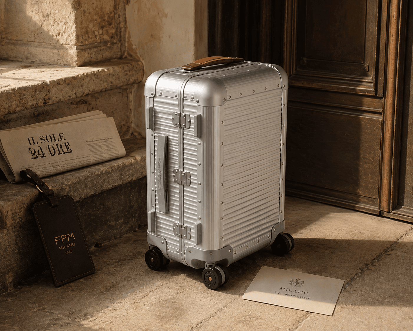 A silver aluminum ribbed carry-on suitcase by FPM Milano featuring cognac leather handles and reinforced corner studs, standing on a stone step next to a dark wooden door. Beside the suitcase rests a brown leather luggage tag embossed with "FPM MILANO 1946", a folded copy of the Italian newspaper "IL SOLE 24 ORE", and a beige card on the stone floor.