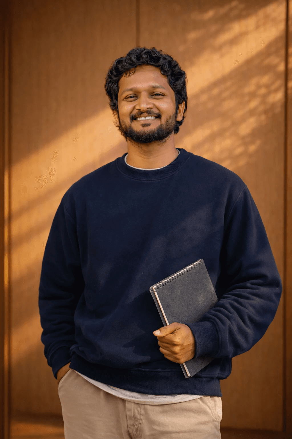 Smiling man holding a notebook in front of a wood-panelled wall