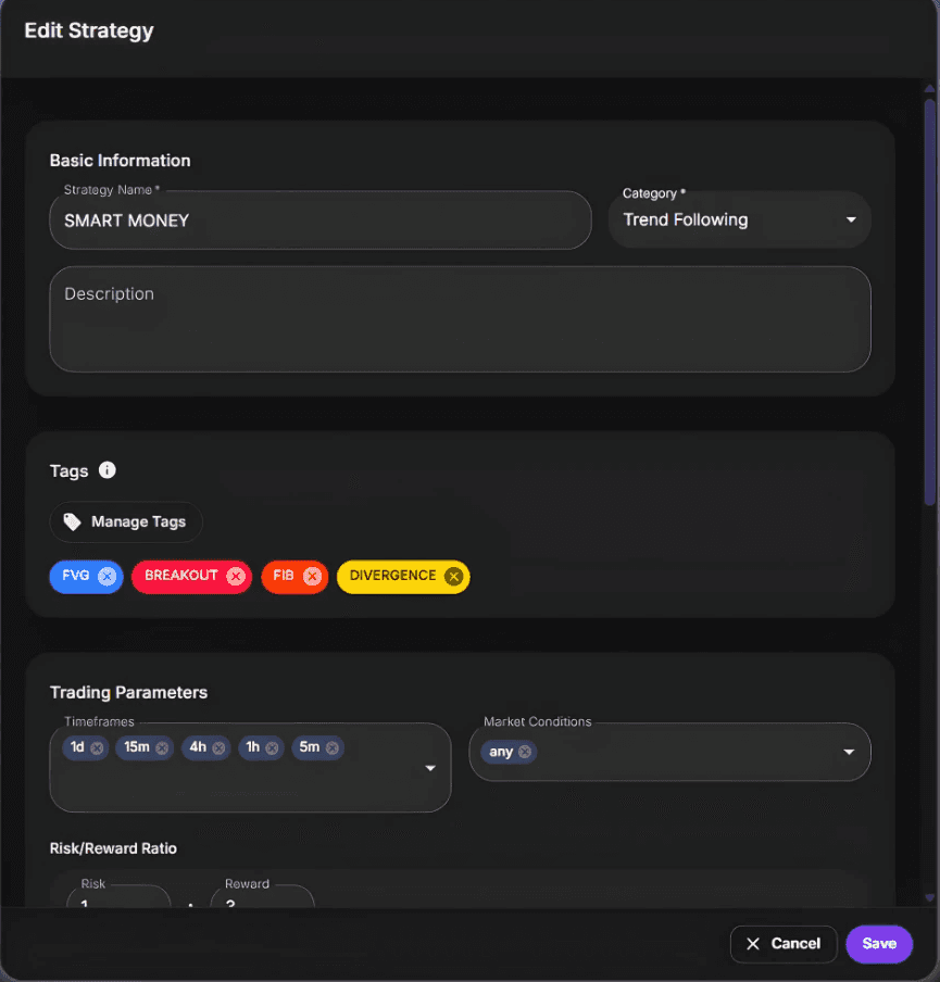 Screenshot of the TradeStats strategy edit page. The form fields include Strategy Name, Description, Tags, Trading Parameters for timeframe and market conditions, and Risk/Reward Ratio.