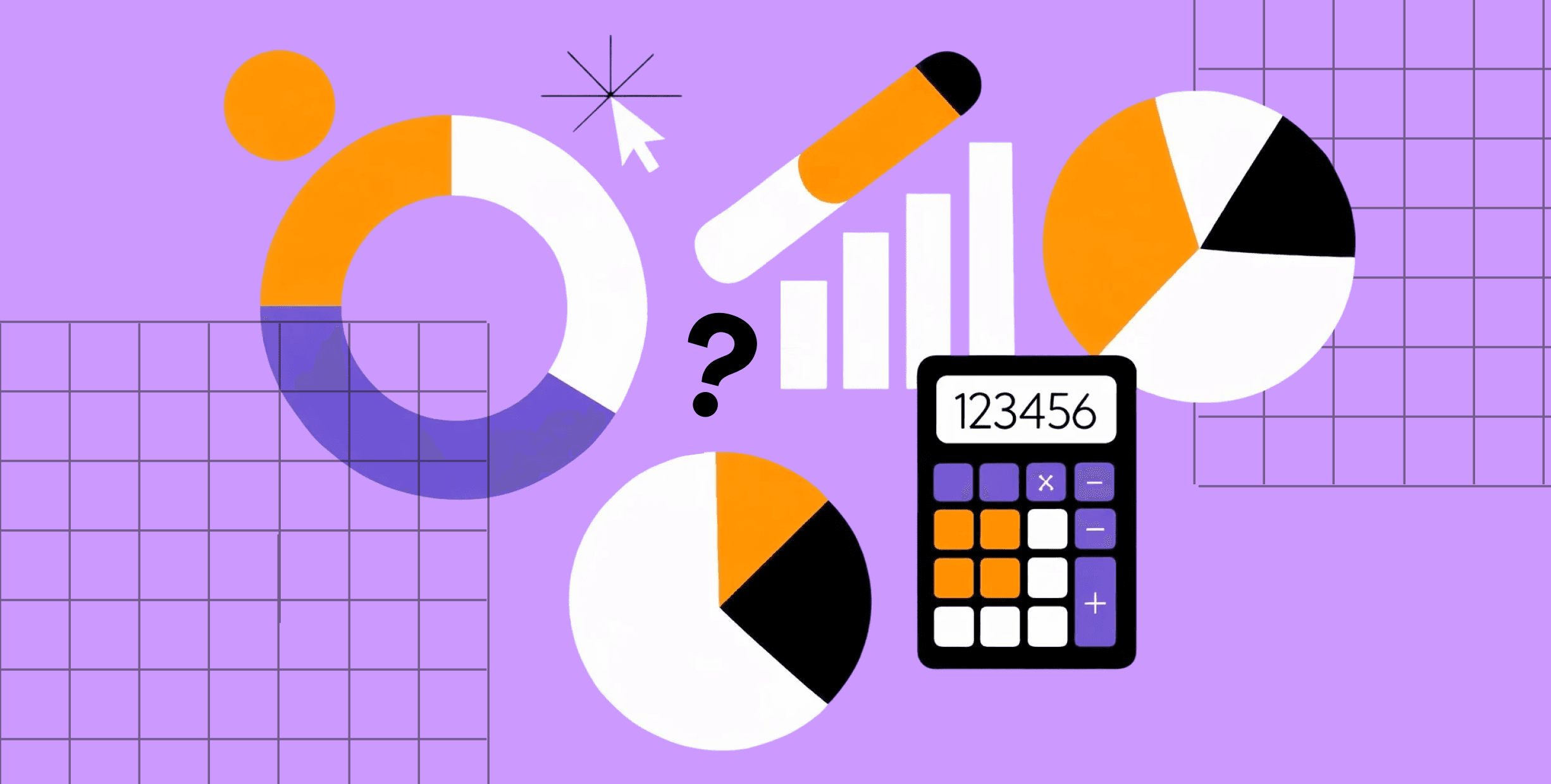 Multicolored charts, graphs, and a calculator against a purple background