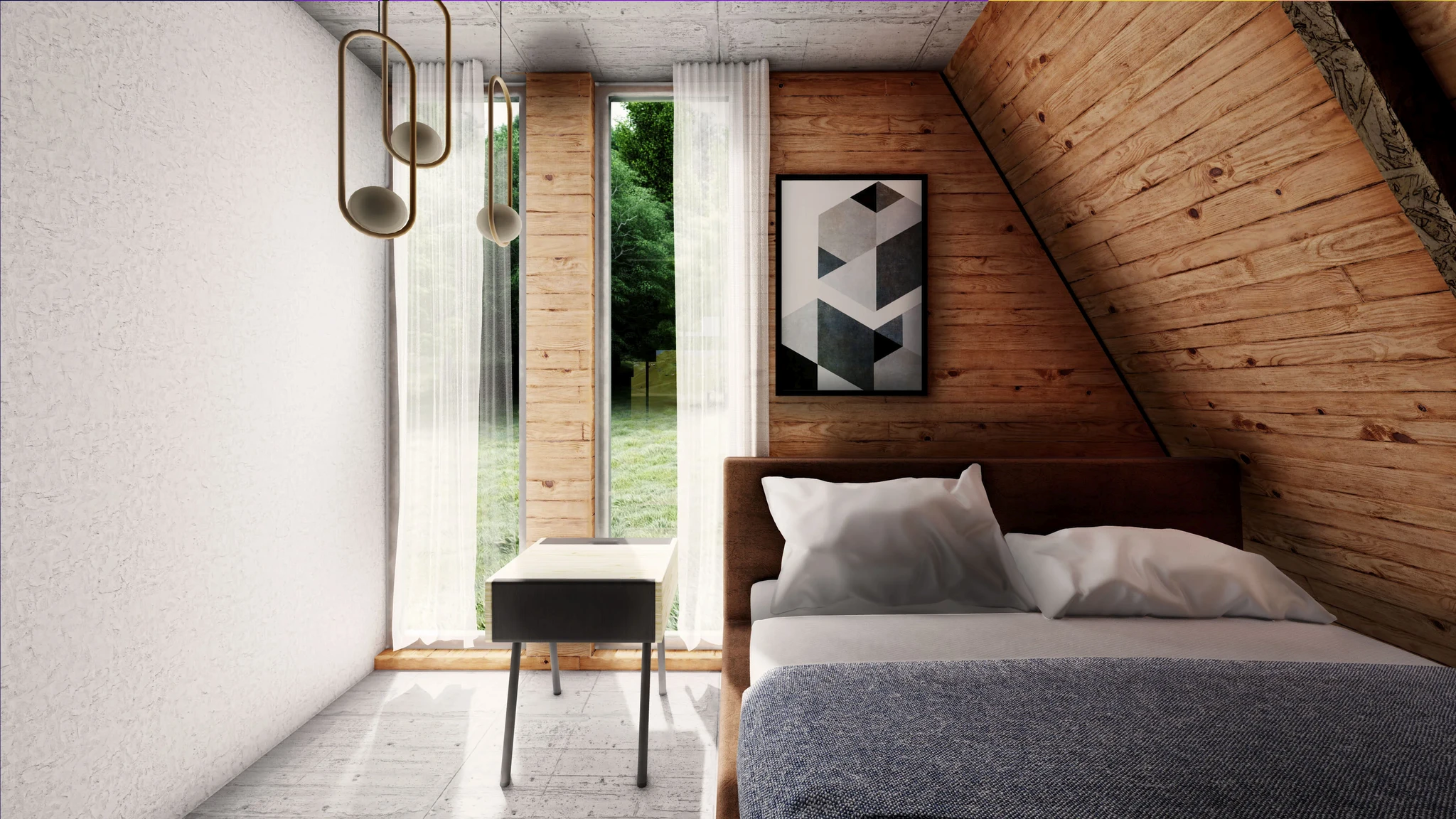 A cozy bedroom with a comfortable bed and a window providing natural light and a view.