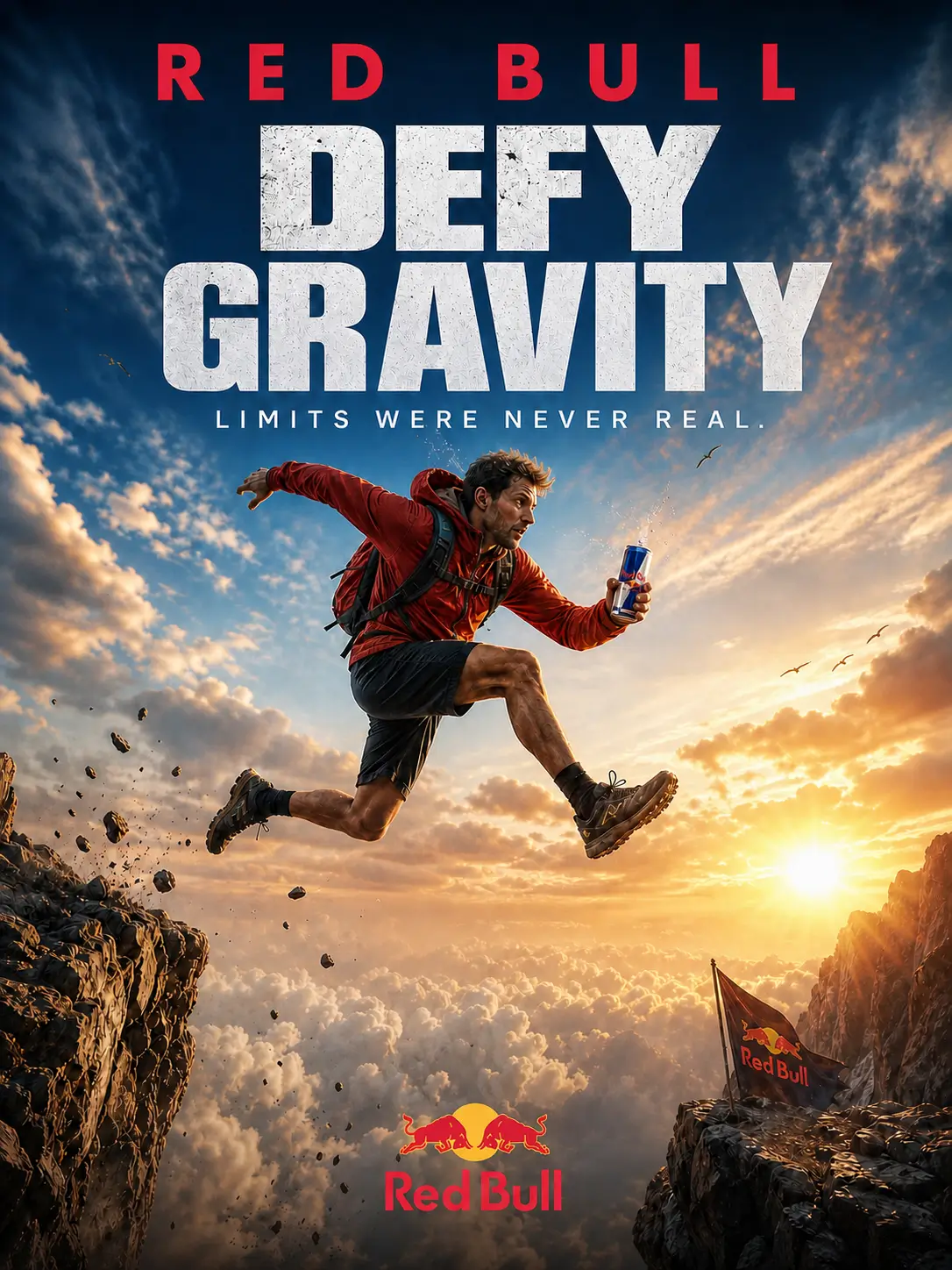 AI-generated Red Bull action poster of an athlete leaping across a dramatic cliff at sunrise, capturing thrill, energy, and boldness.
