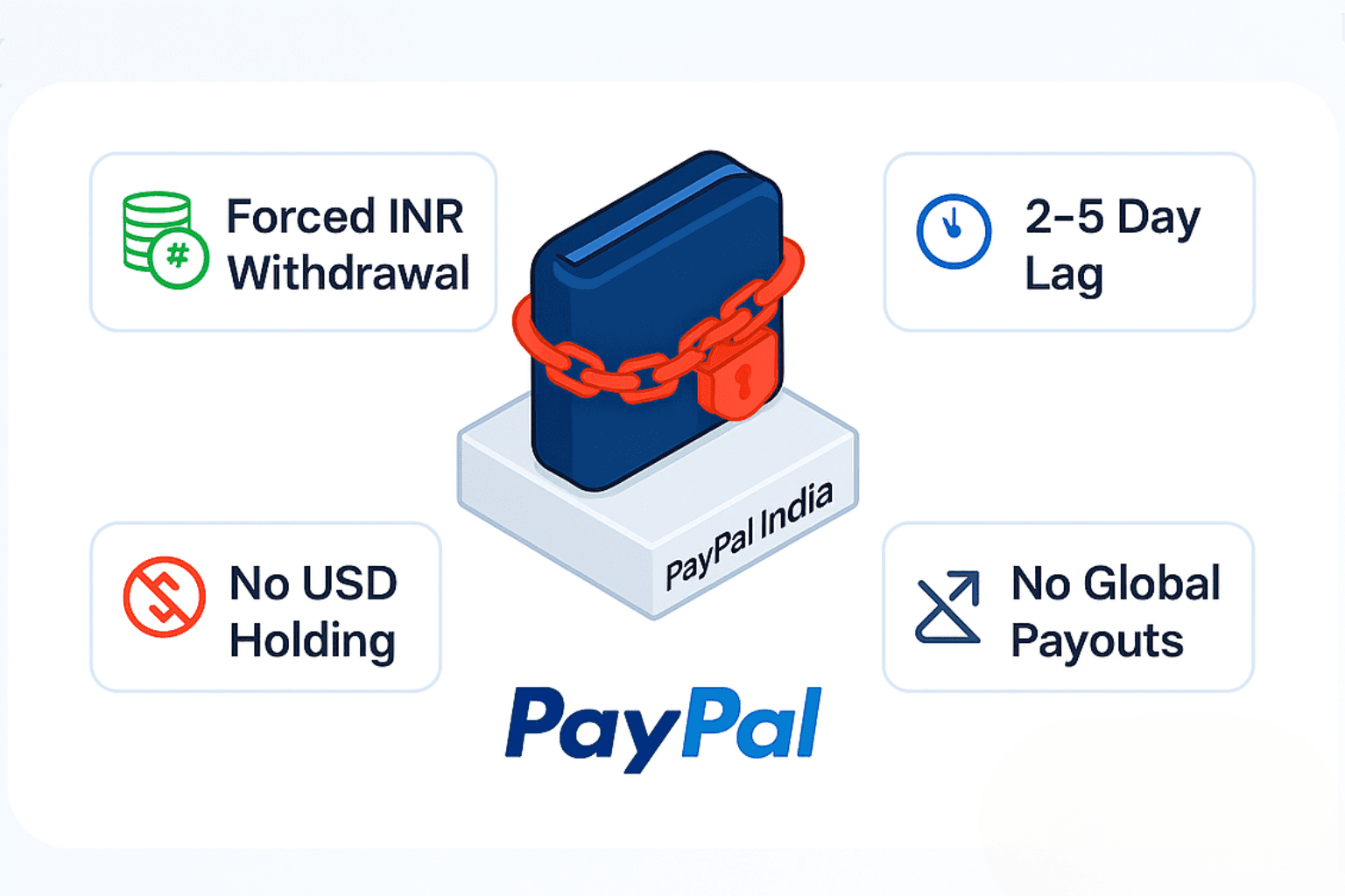 Illustration showing a locked PayPal wallet labeled "PayPal India" on a central pedestal, surrounded by four warning tags: “Forced INR Withdrawal,” “2–5 Day Lag,” “No USD Holding,” and “No International Payouts.” Set against a light blue gradient with oversized rupee symbols, using clean XPay style with Poppins typography and balanced spacing.