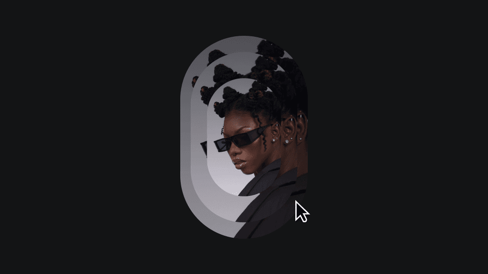 Stylized digital art of a woman wearing sunglasses, duplicated in a layered, mirrored effect within an oval frame, with a cursor hovering over the image