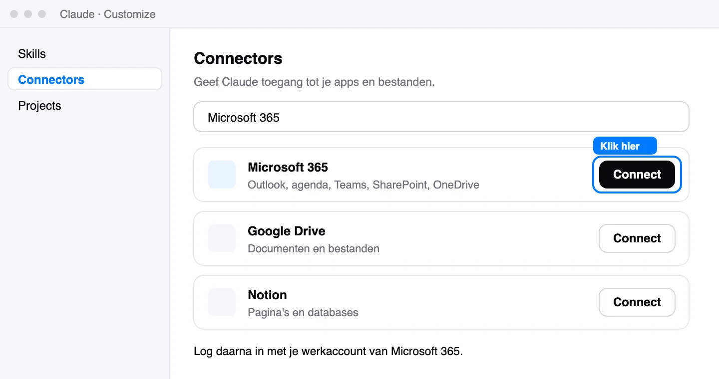Schematische weergave: Customize > Connectors in Claude, met Microsoft 365 bovenaan.