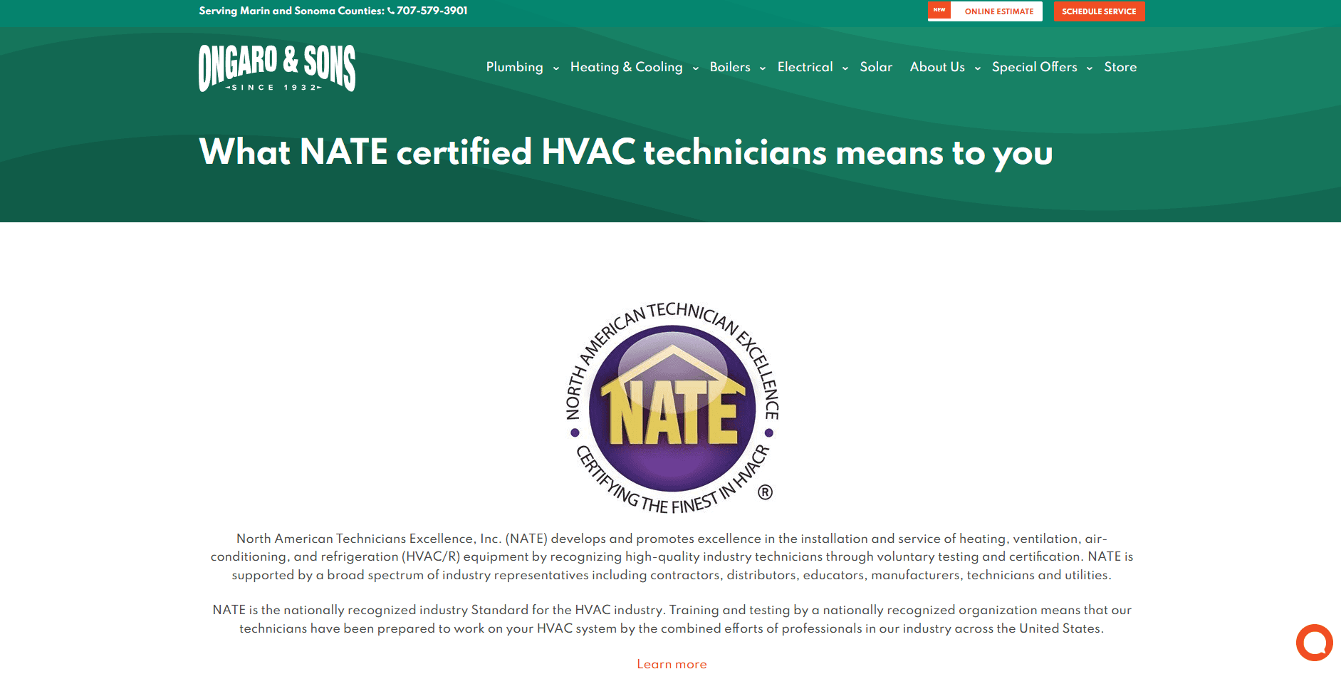 hvac website showcasing badges or certifications