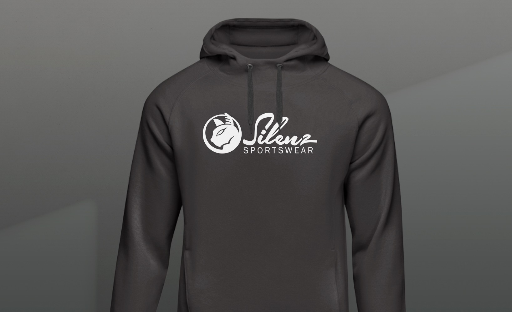 Dark-themed mockup showing Silenz Sportswear logo applications on apparel, hang tag, and product branding.
