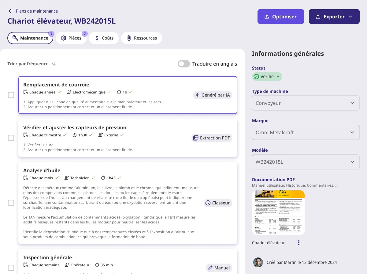 Binder software generating customized maintenance plans, predicting next interventions, detailing what to do, which equipment to service, and how, using equipment user guides and operational data.