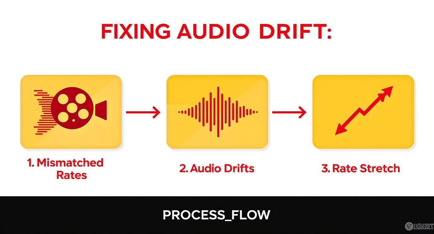 Diagram illustrates fixing audio drift, showing icons for mismatched rates, audio drifts, and rate stretch.