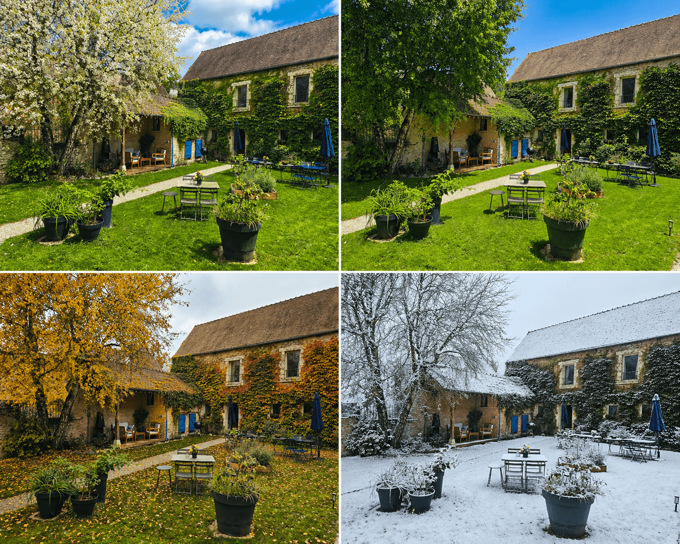 Cour de maison en pierre à travers quatre saisons, printemps, été, automne et hiver.