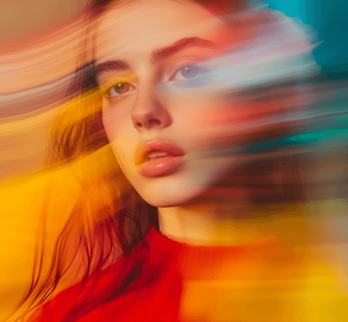 A woman wearing a bright red shirt is set against a lively, colorful backdrop.