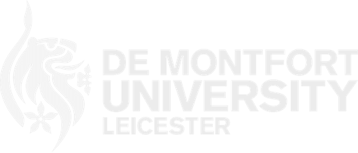 De Montfort University Leicester logo with white text and lion graphic on a black background.