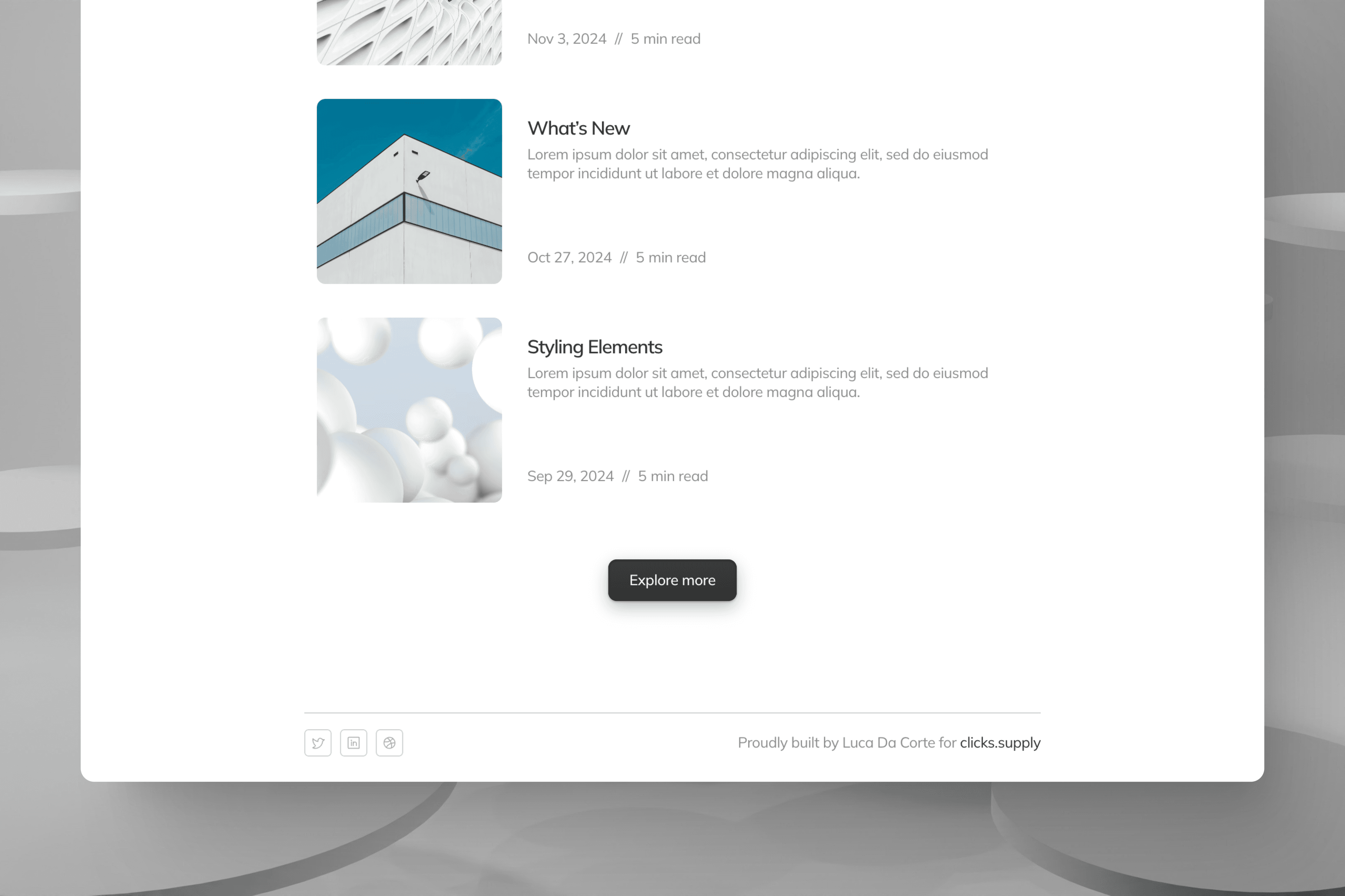 Homepage design for a free blog template in Framer (bottom part)