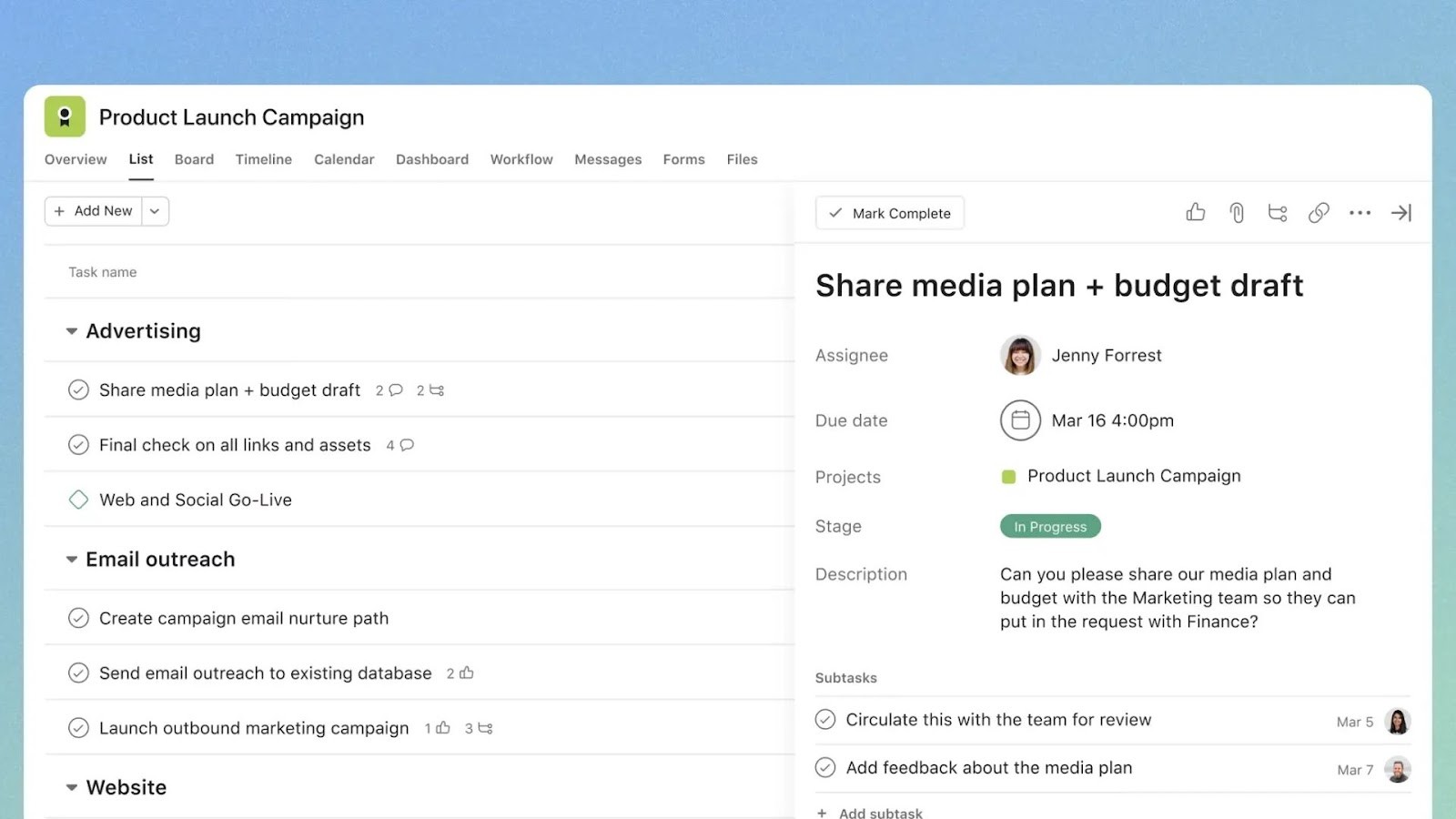 Asana’s project tracking and task management campaign dashboard