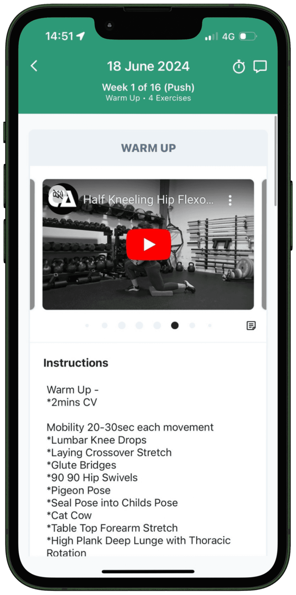 Photo of PT app showing an example workout and demo video