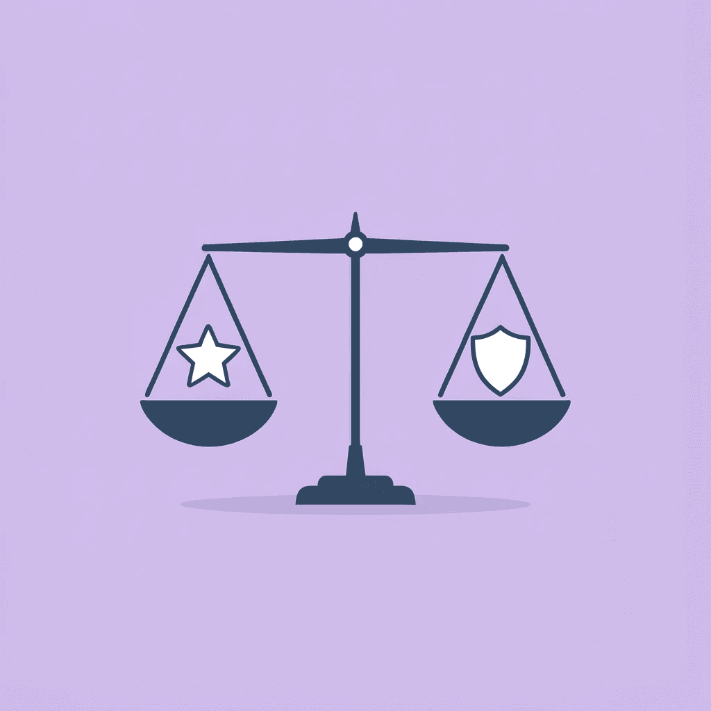 Balance scale comparing attractive features on one side versus reliability metrics on the other