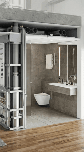 A cross-section rendering of the VAKIO Prefab Bathroom Pod in an apartment.