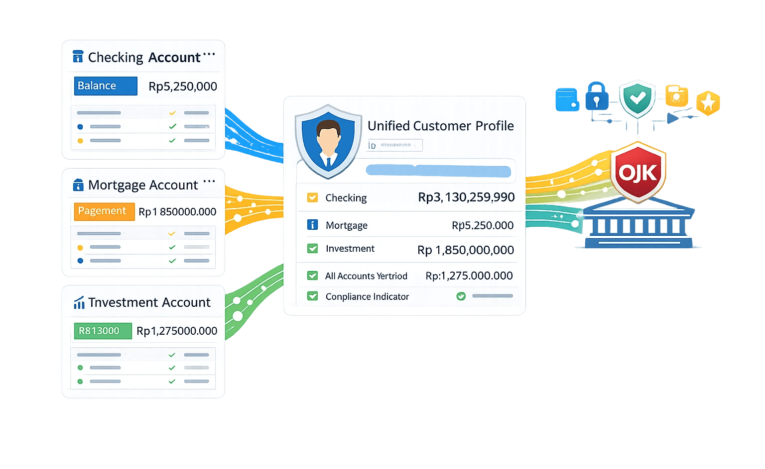 Ilustrasi unified customer financial profile & regulatory compliance view. Di tengah terdapat Unified Customer Profile dengan identitas pelanggan dan ringkasan akun, menampilkan agregasi saldo dan status: Checking, Mortgage, Investment, total akun, serta Compliance Indicator bertanda aman. Di sisi kiri, tiga modul akun terpisah—Checking Account (saldo), Mortgage Account (pembayaran), dan Investment Account (nilai investasi)—mengalirkan data ke profil pusat melalui jalur berwarna. Di sisi kanan, ikon keamanan (gembok, perisai, verifikasi) dan regulator OJK menunjukkan perlindungan data dan pelaporan kepatuhan. Visual menggambarkan konsolidasi multi‑akun pelanggan, pemantauan saldo & kewajiban, serta kepatuhan regulasi secara terintegrasi dan aman.