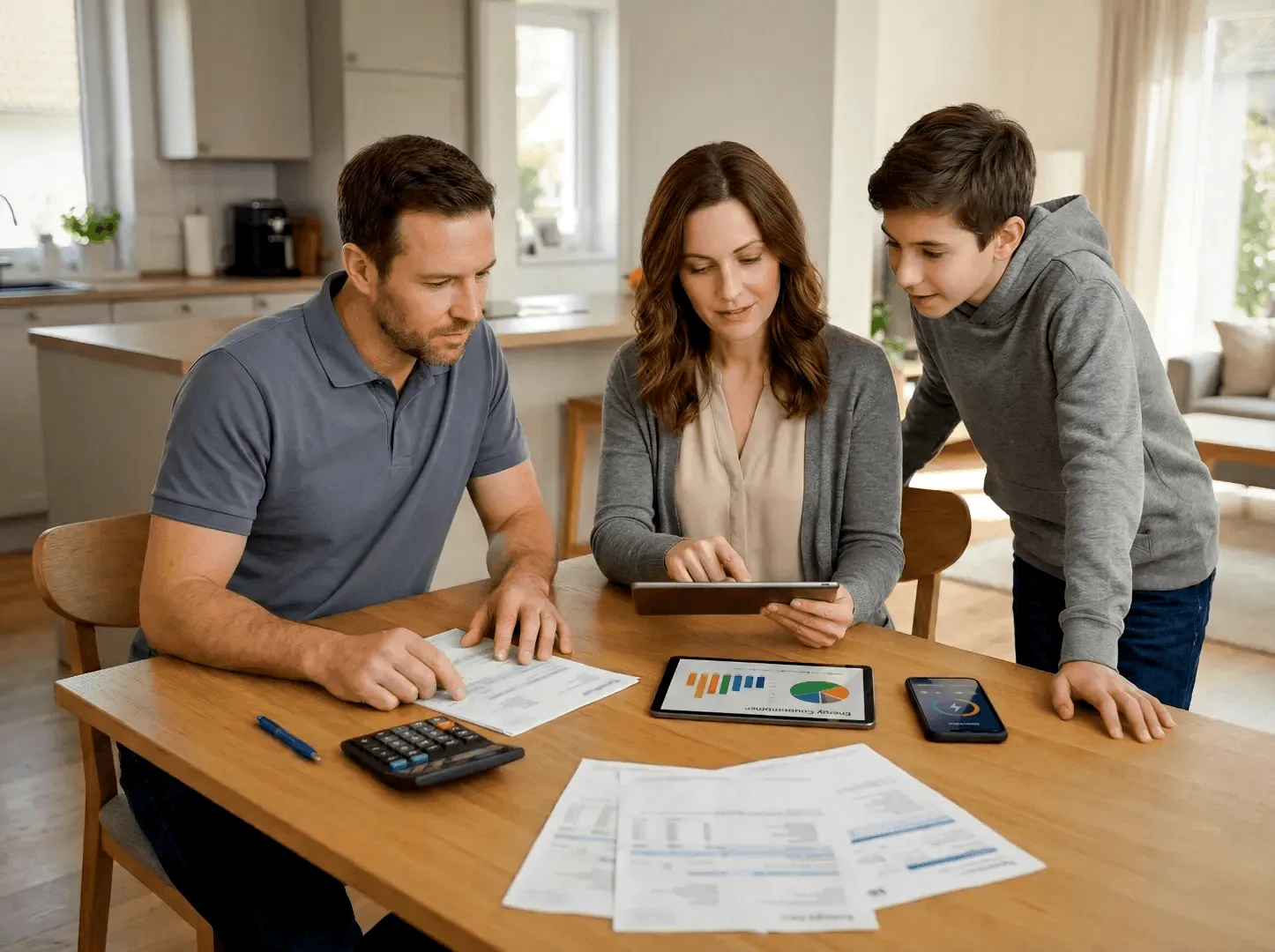Une famille consulte des documents et une tablette affichant des graphiques d'économies d'énergie, planifiant leur.