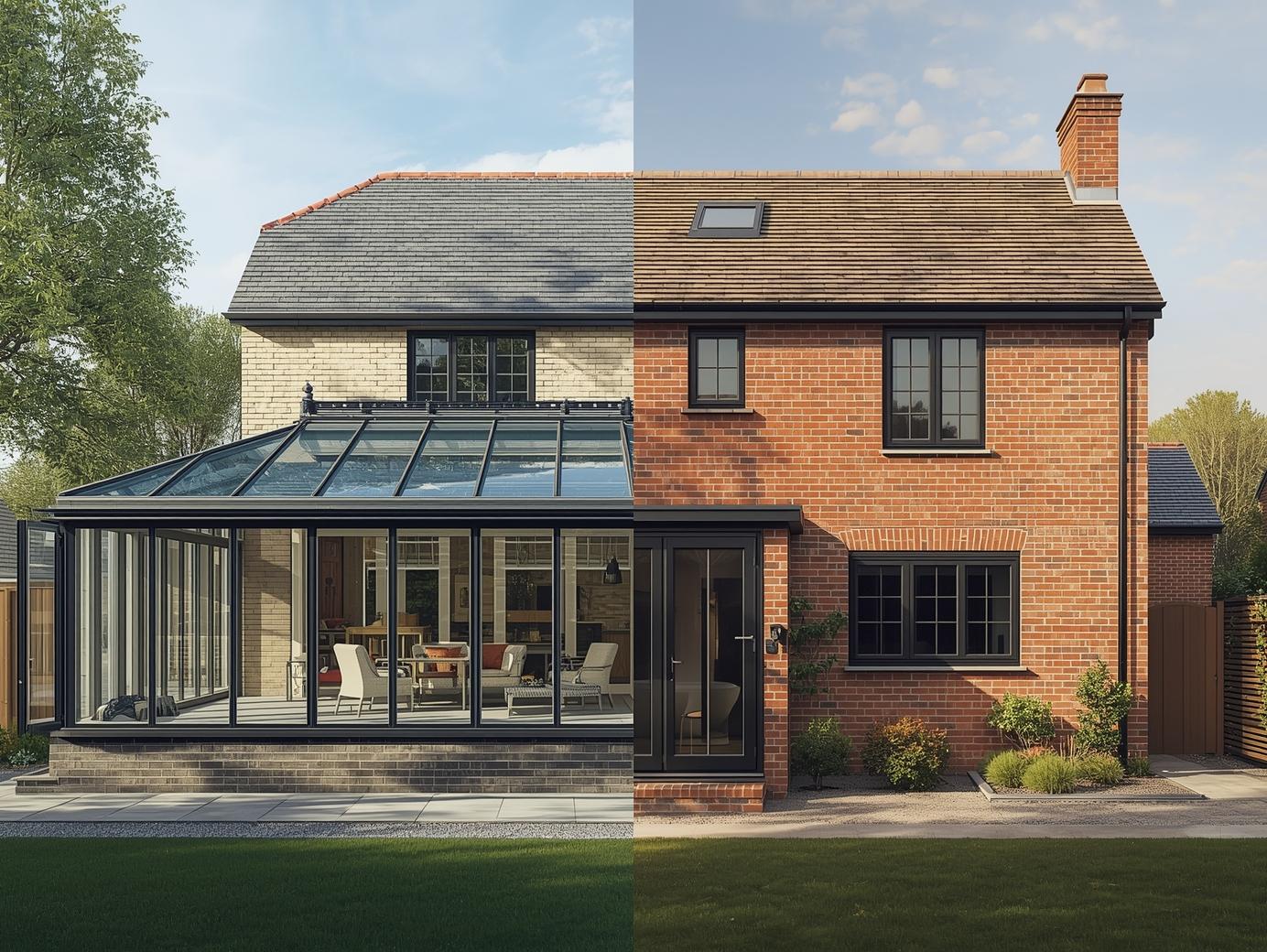 Comparison image showing a glazed conservatory next to a brick rear extension