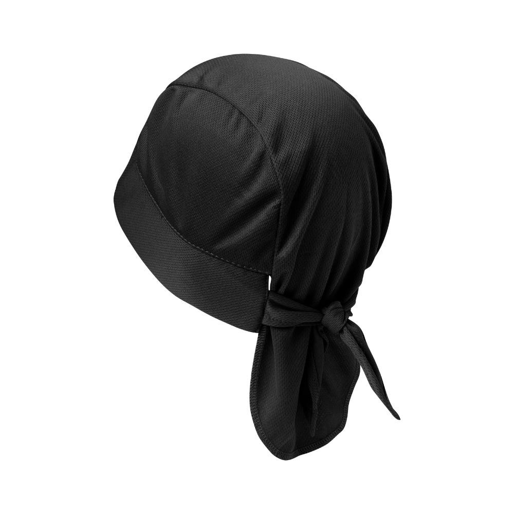 Black G-Heat cooling cap, rear view with drawstring, black background