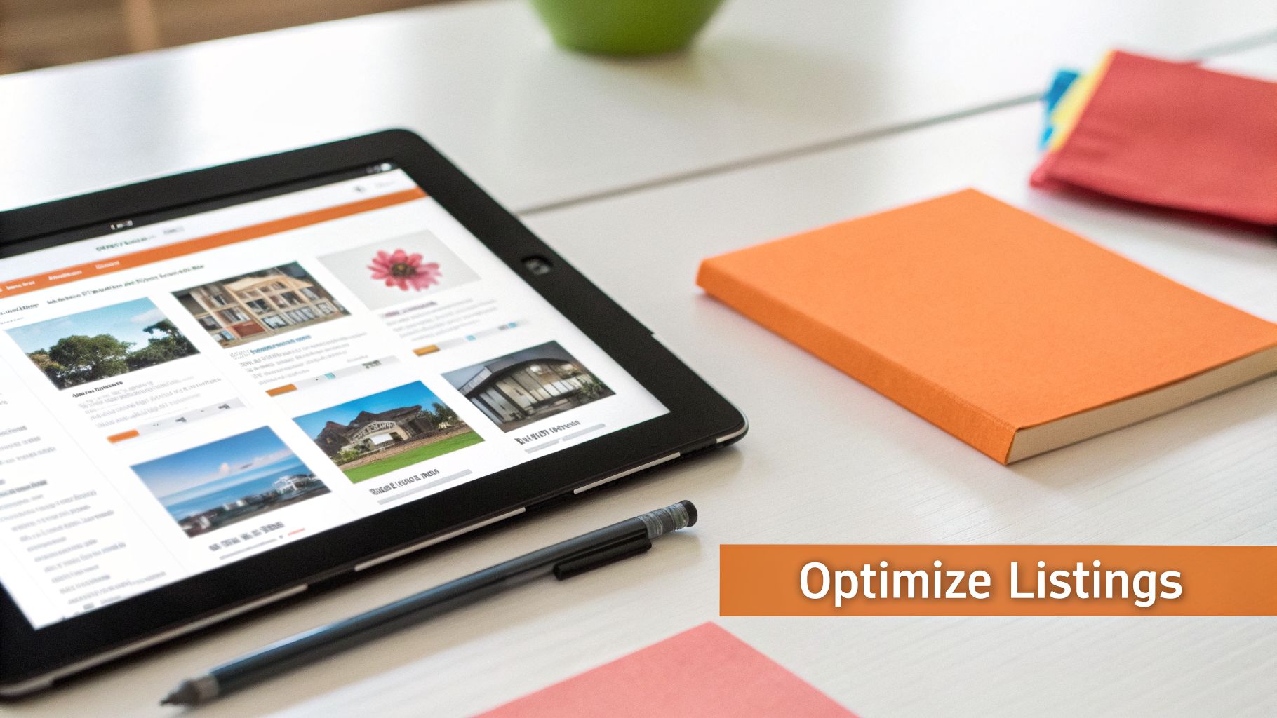A tablet displays various digital listings with photos, a pen, and an orange notebook on a white desk.