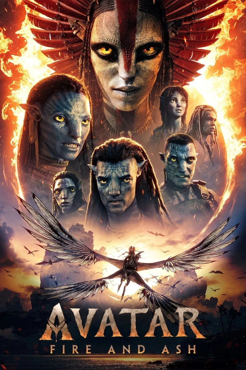 A dramatic movie poster for "Avatar: Fire and Ash" featuring various blue-skinned characters with distinct facial markings, set against a fiery background with a large winged creature soaring above a smoky landscape.