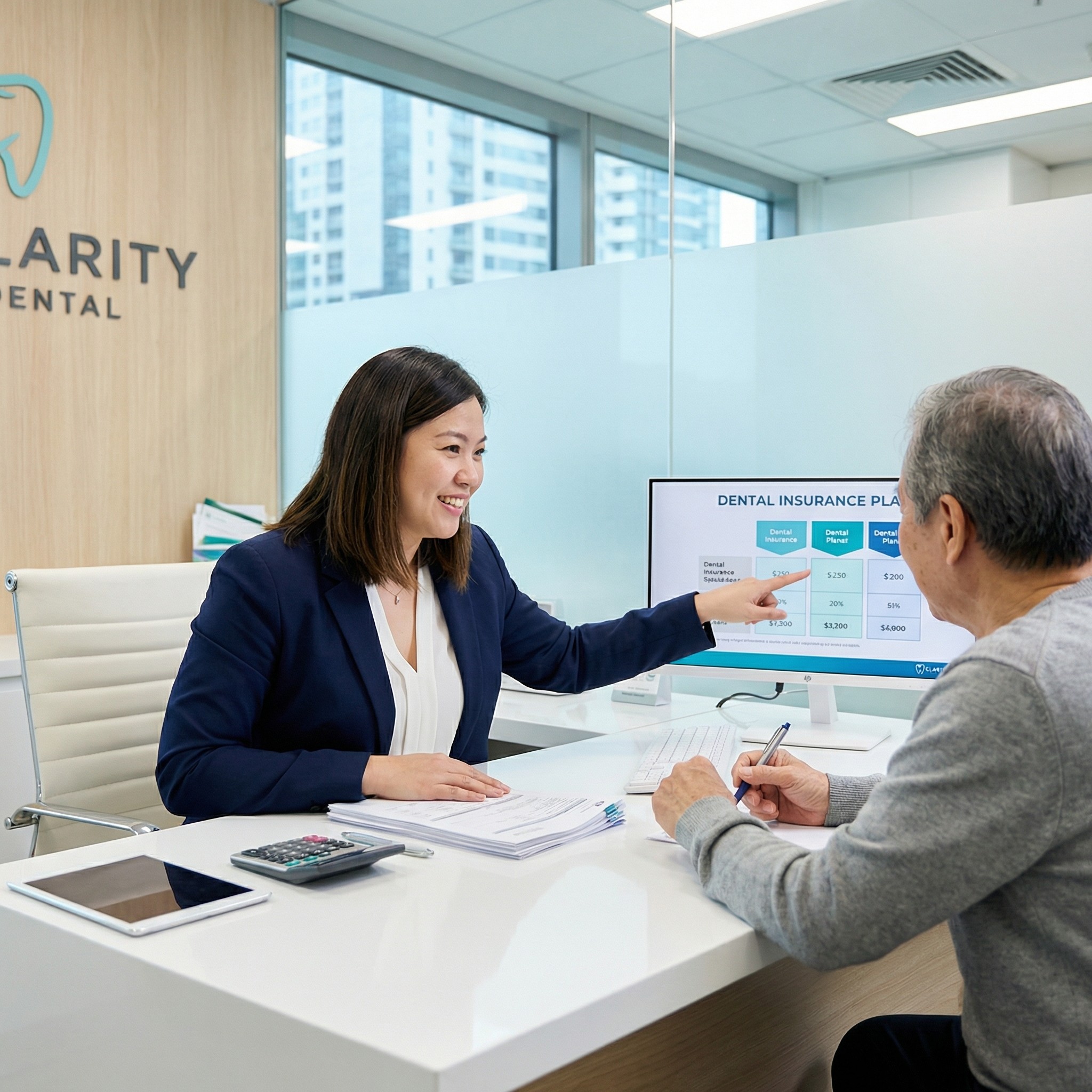 Dental insurance professional explaining implant coverage benefits and out-of-pocket costs to patient