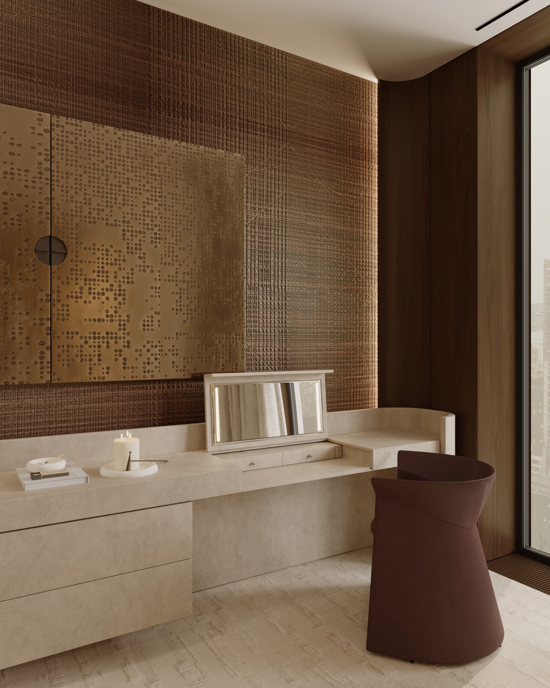 A modern bathroom featuring neutral tones, a large mirror, and a stylish sink area with a small stool.