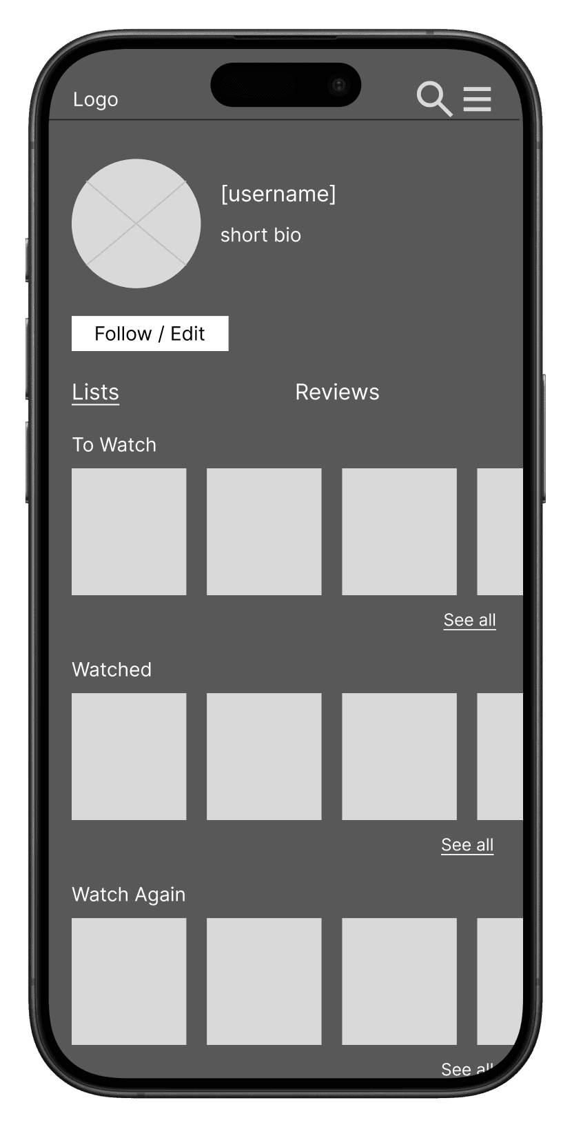 mid-fi wireframe: user profile