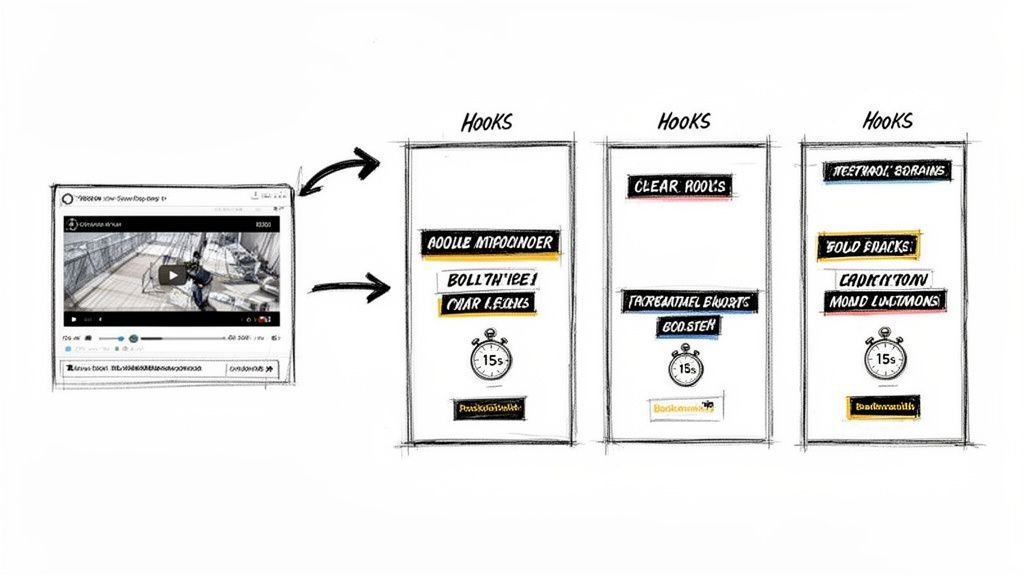 Diagram illustrating the repurposing of video content into three distinct 15-second ad hooks for social media.