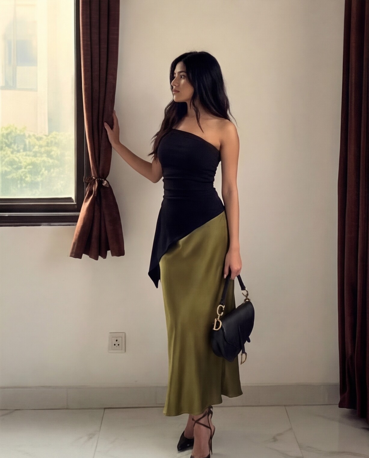 Black Strapless Top with Olive Satin Midi Skirt