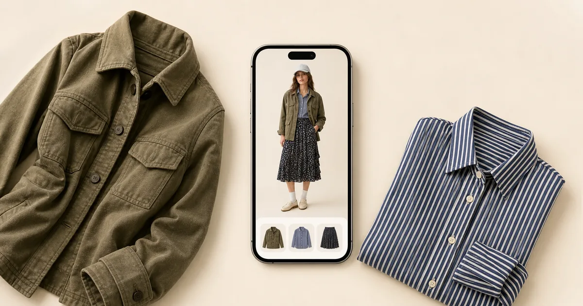 Portrait phone previewing a field jacket beside two coordinated wardrobe pieces on a warm ivory background