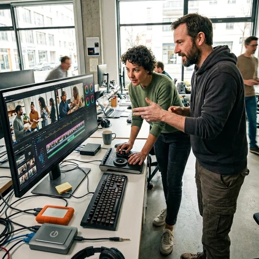 Équipe de professionnels en agence à Paris, collaborant sur une station de montage haute performance pour assembler et étalonner des séquences immersives, illustrant notre expertise en Production audiovisuelle pour porter vos services en création de contenus vidéos.