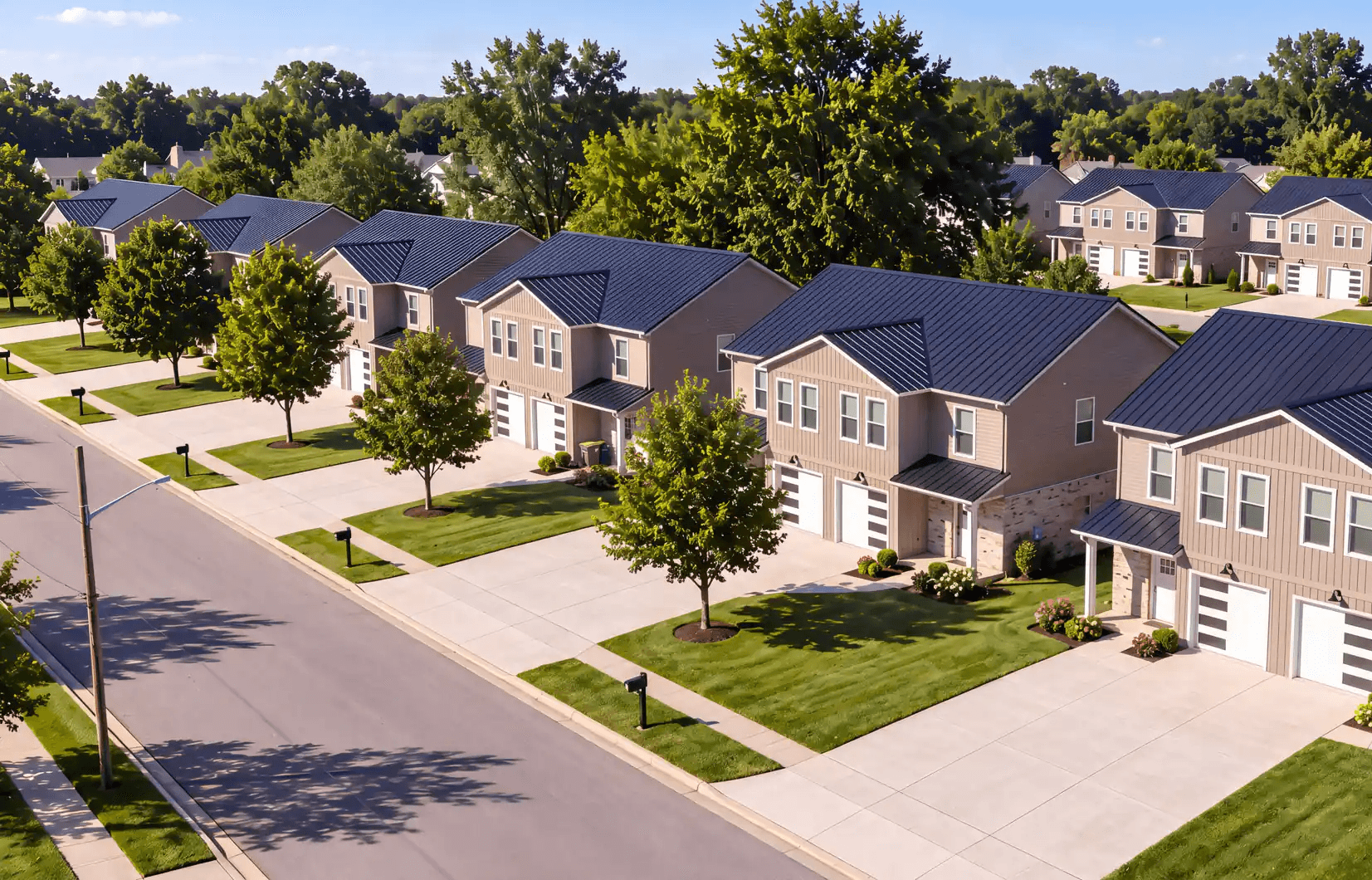 Row of newly built two-story townhomes with metal roofs and attached garages