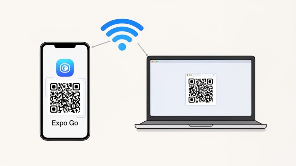Smartphone showing Expo Go app and QR code, connected via Wi-Fi to a laptop displaying a matching QR code.