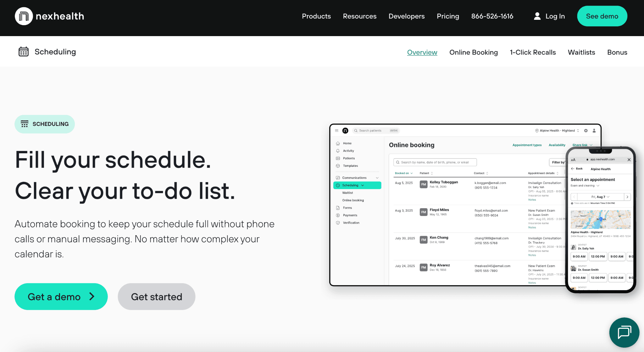 NexHealth's online appointment booking and patient scheduling dashboard