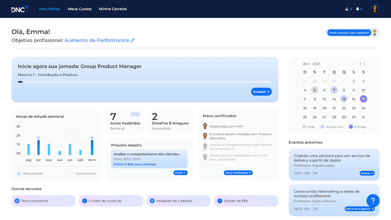 Interface da seção Meu Painel na Plataforma DNC.