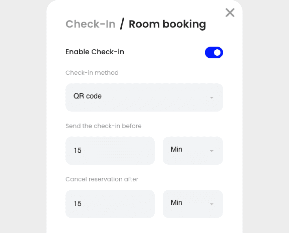 Yoffix room check-in settings with QR code check-in, auto-release timing, and booking control for meeting room management