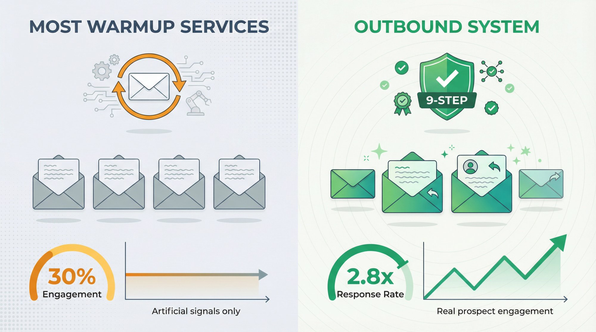 Split comparison showing standard warmup services using artificial engagement vs Outbound System using verified data and real prospect replies