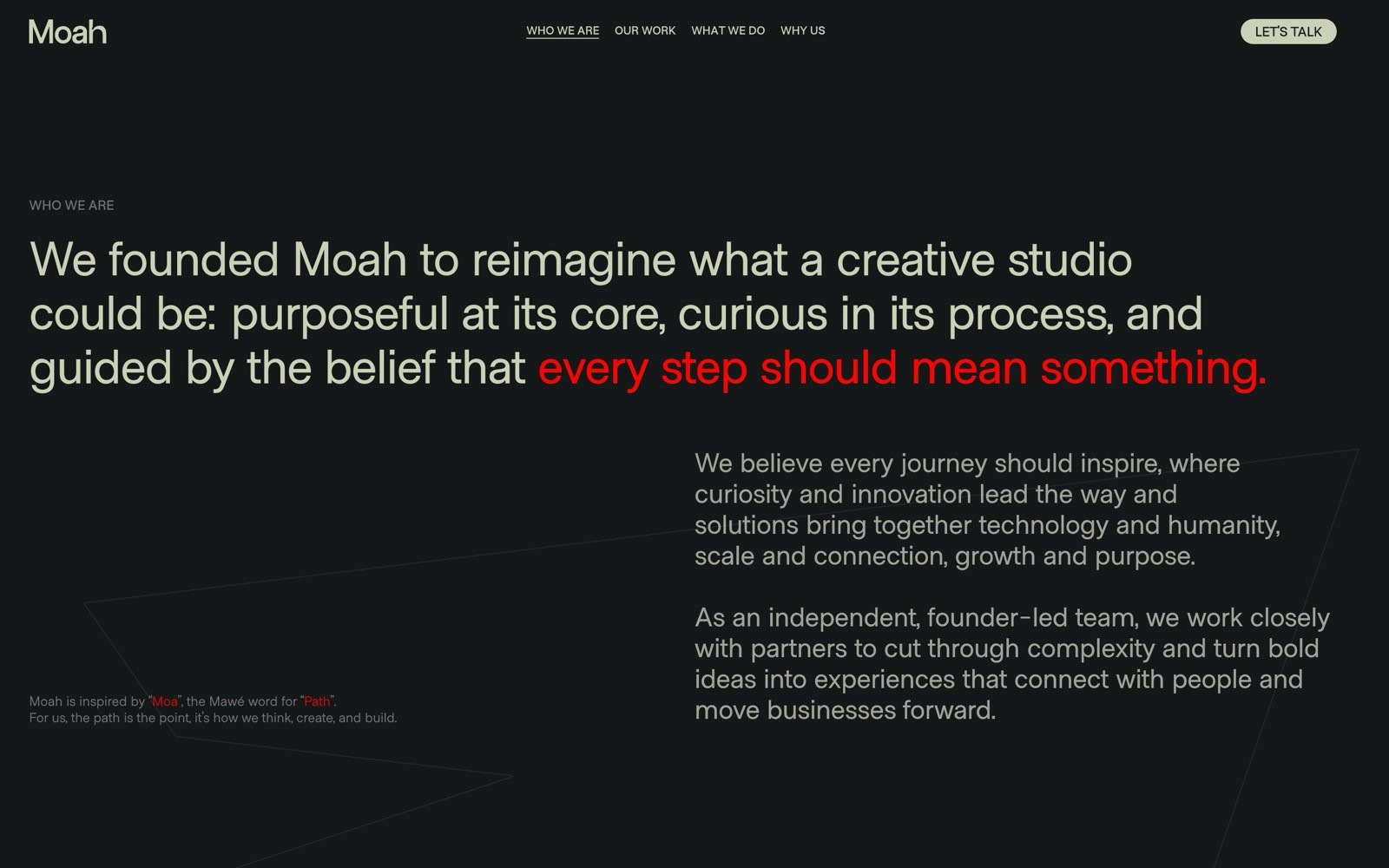 Black background with white and red text. "Moah" at top left. Main text: "We founded Moah..." followed by a paragraph. "Let's Talk" button top right.