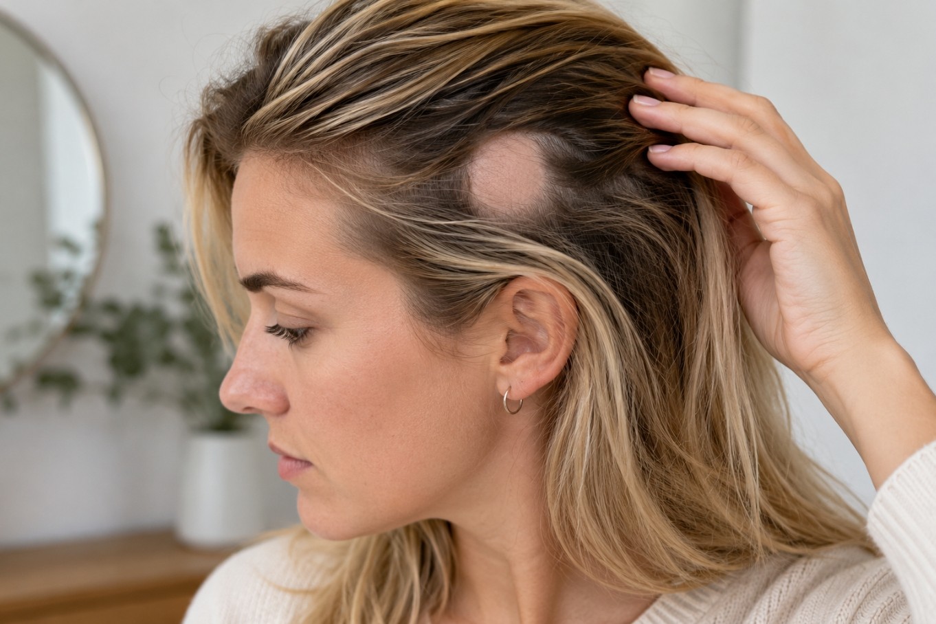 Blonde vrouw in profiel met een plotseling ontstane ronde kale plek op de zijkant van de hoofdhuid, passend bij alopecia areata.