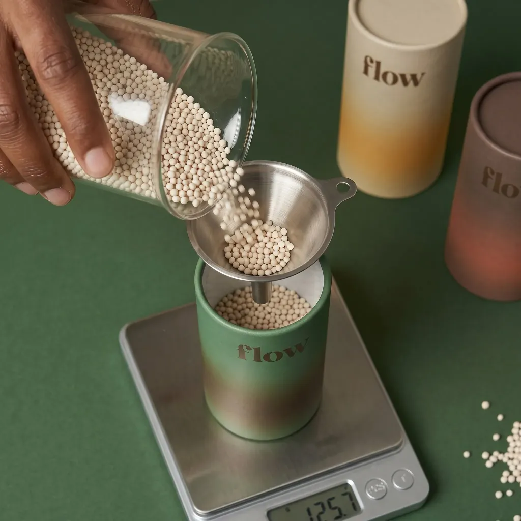Branding expert shows artful design; pouring beads into a Flow container.