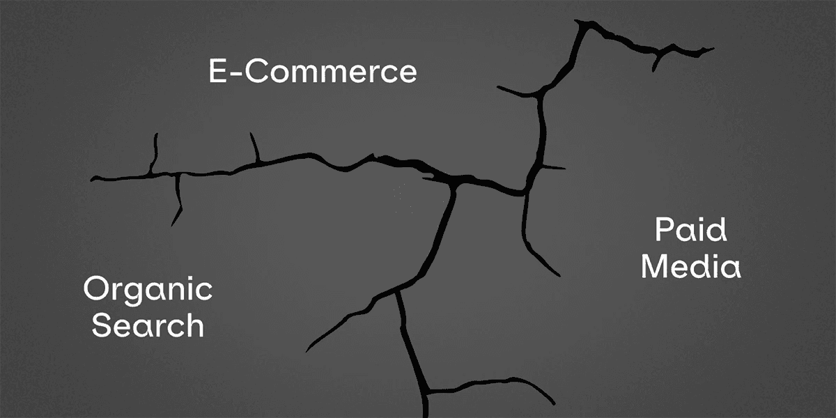 A graphic with "E-Commerce," "Organic Search," and "Paid Media" separated by cracks on a surface..