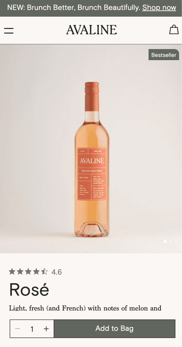 Mobile product detail page for Avaline rosé wine
