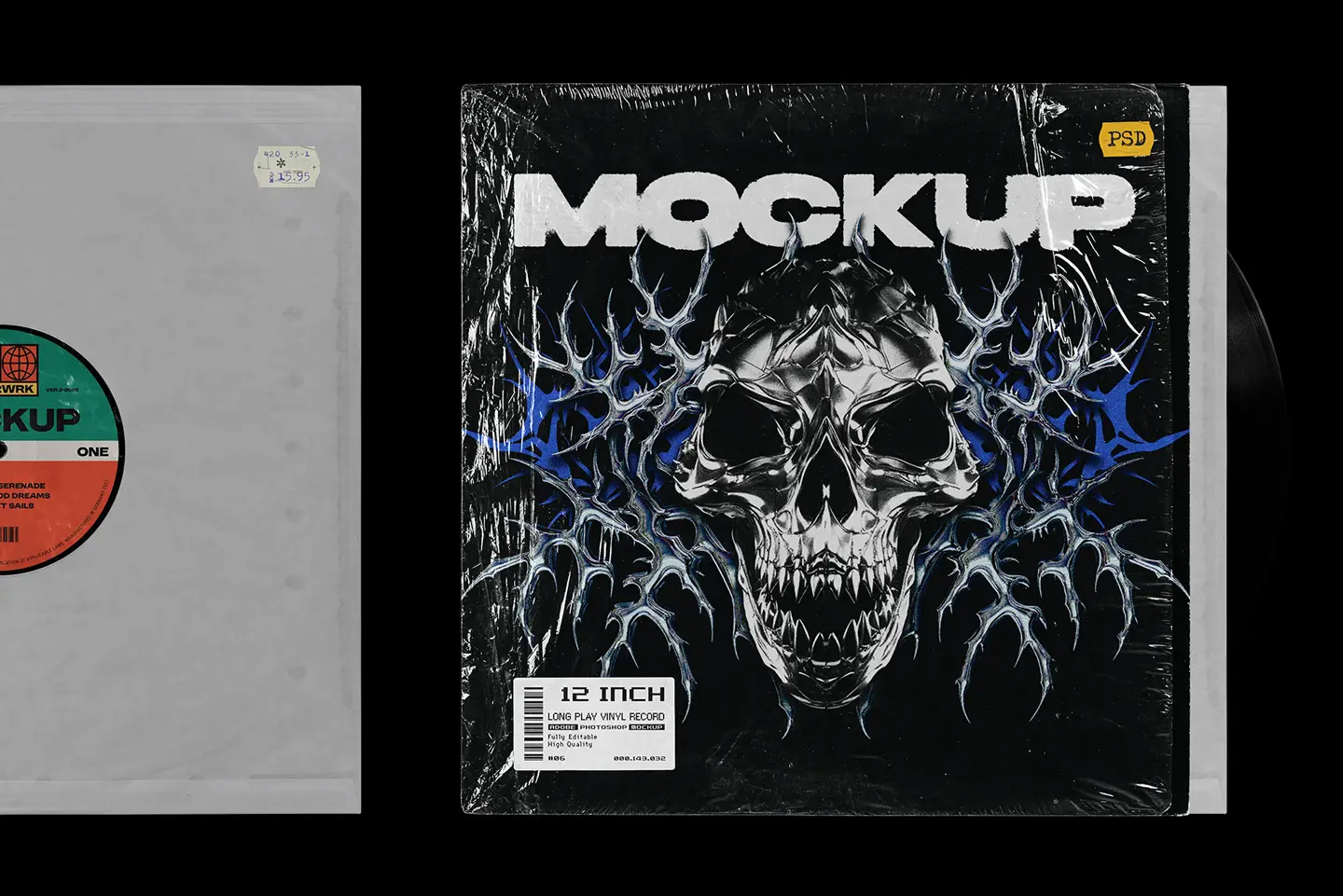 Vinyl record mockup inner sleeve with editable cover and visible vinyl record