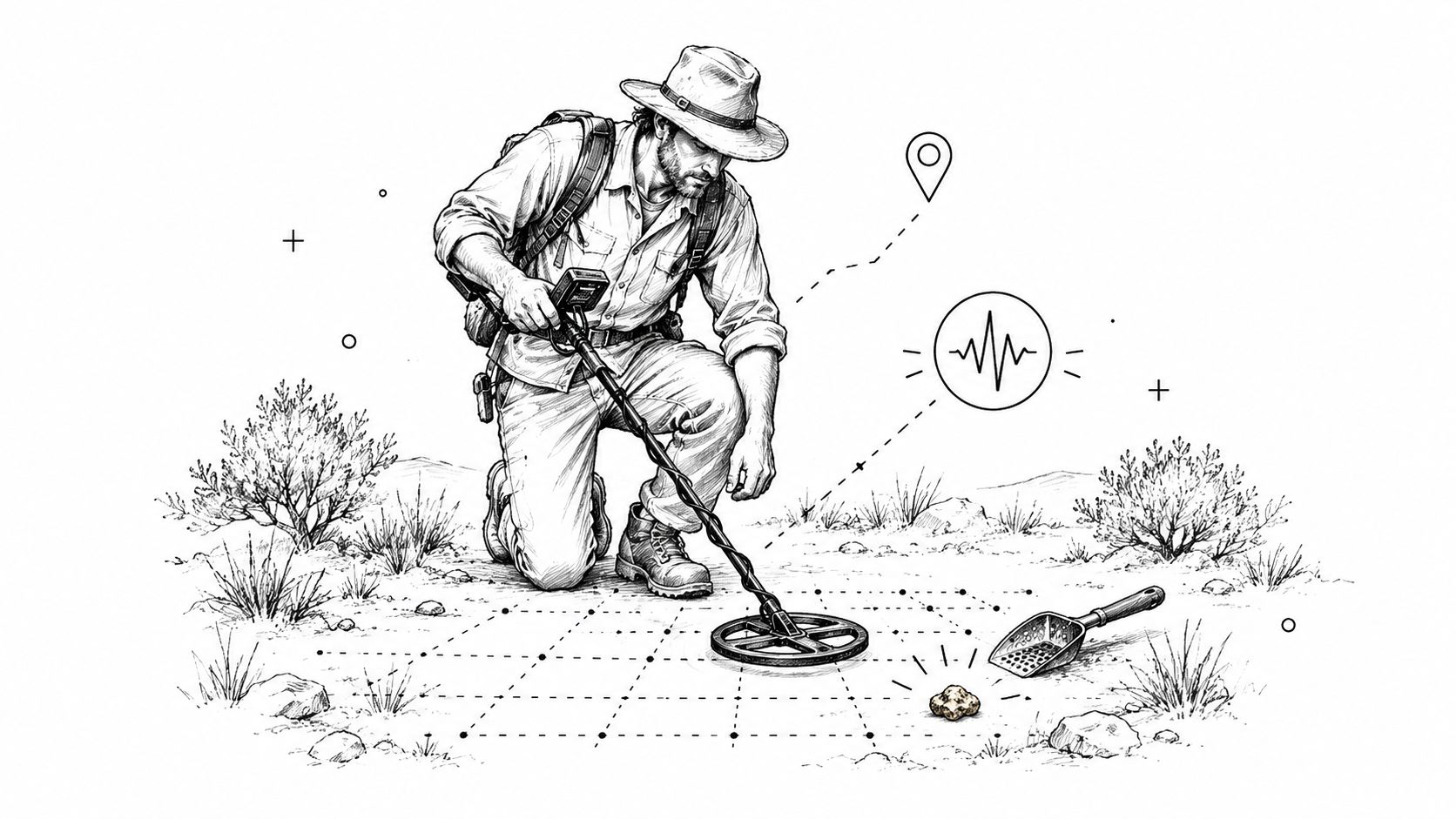 A gold prospector kneeling on the ground using a metal detector to locate gold nuggets outdoors.