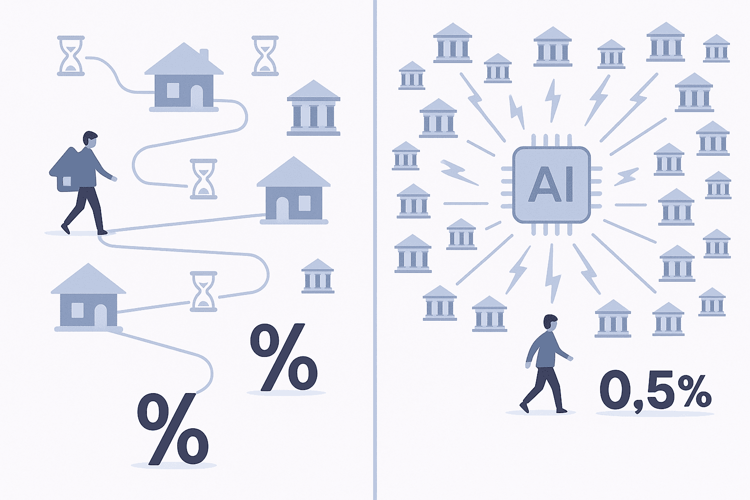 Split-screen vector comparing slow manual lender shopping to instant AI-driven multi-lender search
