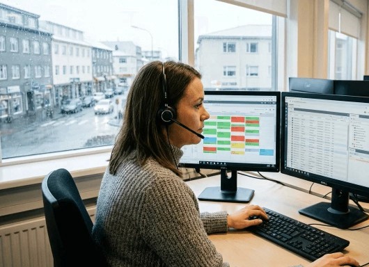 Woman wearing a headset working at a desk with multiple computer monitors.