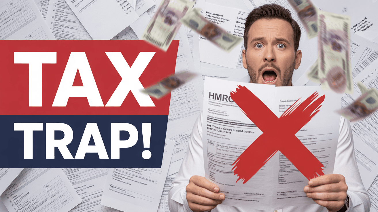 Shocked British man holding tax bill with red X and TAX TRAP headline